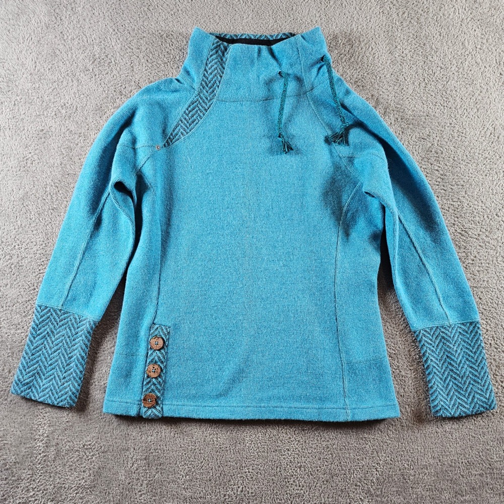Prana Lucia Teal Blue Herringbone Funnel Neck Pullover Sweater Wool Blend M
